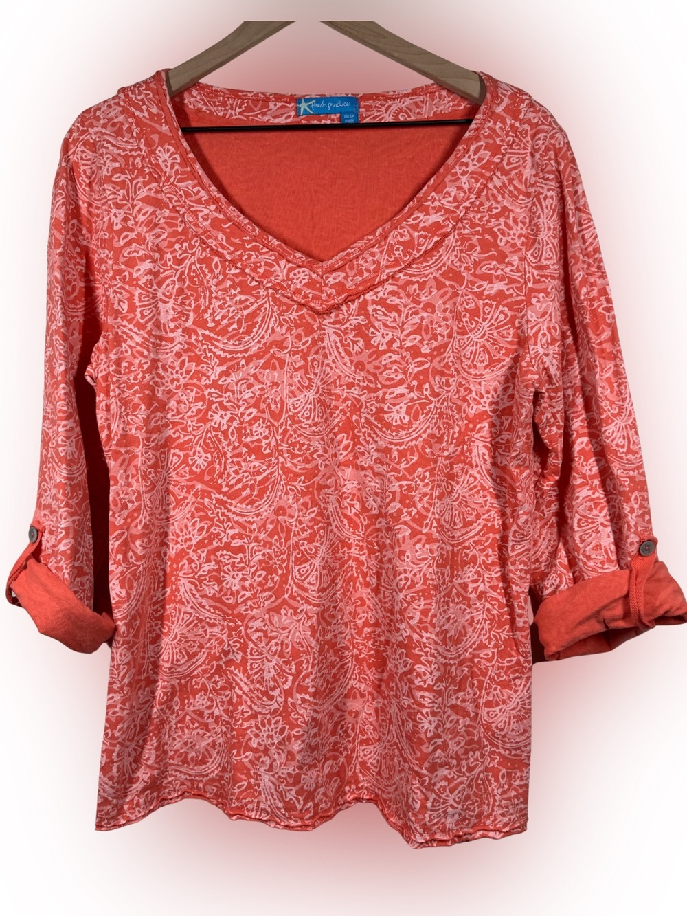 Fresh Produce XS / SMALL V-Neck Roll Tab 100% Cotton Made in USA Coastal Coral